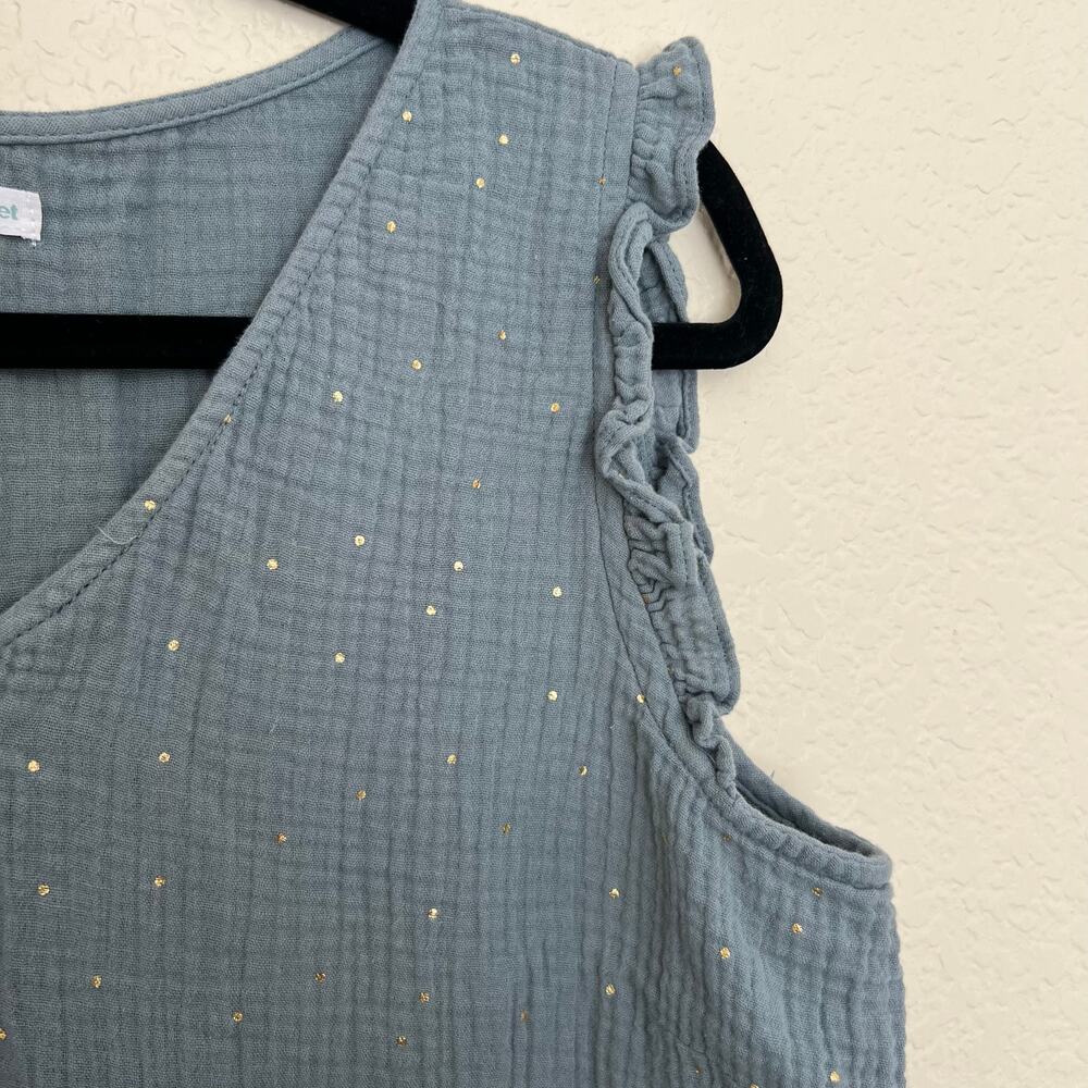 Vertbaudet Blue Gold Dot Ruffle Sleeveless Cotton Button Blouse Top 44 - Picture 6 of 12